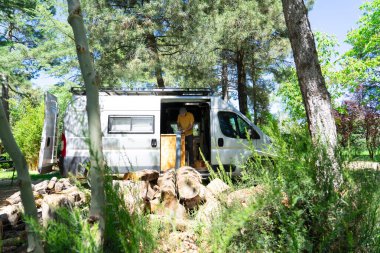 Karavanında yemek hazırlayan bir adam ormanda park etmiş, açık hava yaşam tarzının tadını çıkarıyor.