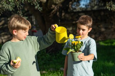 Bahçedeki saksıda çiçekleri sulayan iki genç çocuk bahçe işlerini ve dışarıda eğlenmeyi öğreniyor.