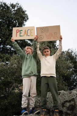 İki genç eylemci ellerinde barışı destekleyen ve savaşı protesto eden işaretler tutuyorlar, doğal bir ortamda bir kayanın üzerinde duruyorlar.