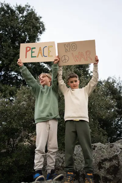 İki genç eylemci ellerinde barışı destekleyen ve savaşı protesto eden işaretler tutuyorlar, doğal bir ortamda bir kayanın üzerinde duruyorlar.