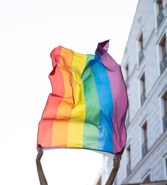 Elleri gökkuşağı bayrağını sallayarak Igbt geçit töreninde gay gururunu kutluyorlar.