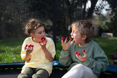 İki kardeş trambolinde oturuyor, parmaklarına taze ahududu konmasının tadını çıkarıyorlar.