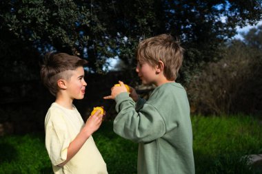İki genç çocuk parkta lezzetli bir portakal meyvesini paylaşıp eğleniyorlar.