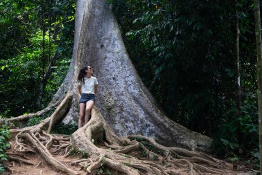 Genç bir kadın tropikal bir ormanda büyük kökleri olan dev bir ağaç düşünüyor.