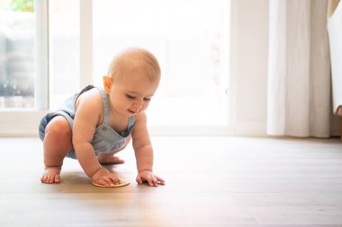 Eğitici oyuncakla yerde oynayan sevimli bebek, erken çocukluk gelişimi konsepti.