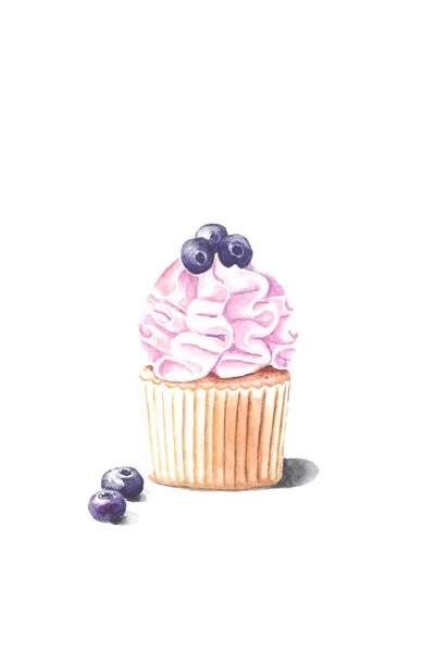 Cupcake Com Creme Manteiga Mirtilos — Vetor de Stock