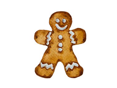 Bekar Noel zencefilli adam geleneksel zencefilli kremalı baharatlı tatlı suluboya beyaz arka planda.