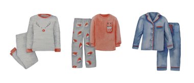 Noel pijaması, kış, set, tekstil, pamuk, pantolon ve uzun kollu, renkli, kırmızı, gri, mavi, tatil, sıcak, rahat, yumuşak, uyku, akşam, kumaş, moda, dergi, gece, kadın alışverişi, hediye, beyaz arkaplan, suluboya
