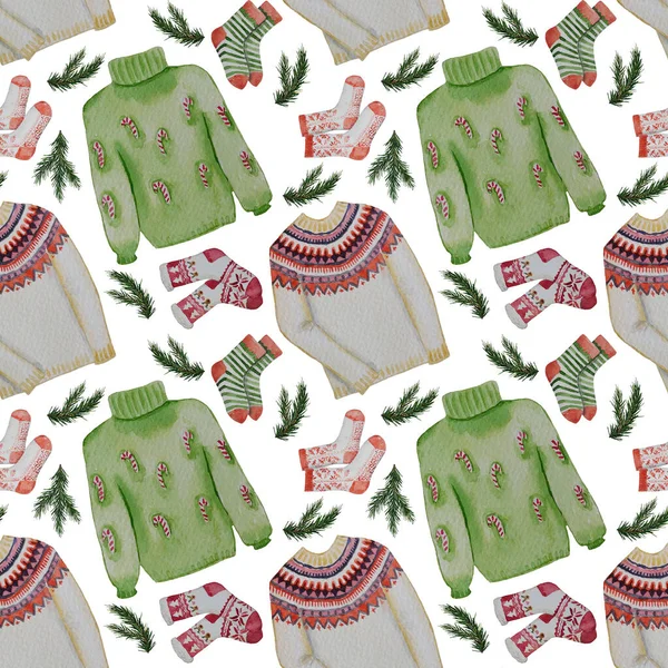 pattern sweaters, winter socks, woolen, knitted, colored, green, red, fir branches, ornament, sugar cane, warm, cozy, traditional, vintage, wallpaper, wrapping paper, white background, watercolor
