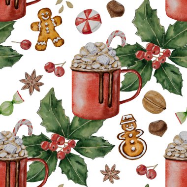 Suluboya desenli Noel kakaosu, sıcak çikolata, kırmızı bardak, zencefilli kek, beyaz krema, baharatlar, fındık, Noel çiçeği, Noel panayırı, tatlı, aromatik, duvar kağıdı, kağıt, fikir, beyaz arka plan