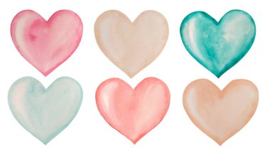 Suluboya ve vektör renkli kalpler, Sevgililer Günü, aşk, kağıda boyanmış el yazısı, beyaz arkaplan, metin, pankart, davetiye, pankart için tasarım, logo, marka