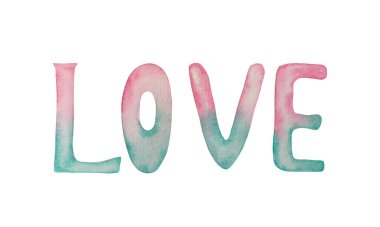 vektör suluboya kelime aşk, Sevgililer Günü, el boyası kağıt üzerine, beyaz arkaplan, metin, bayrak, kart, davetiye, tasarım, logo, marka