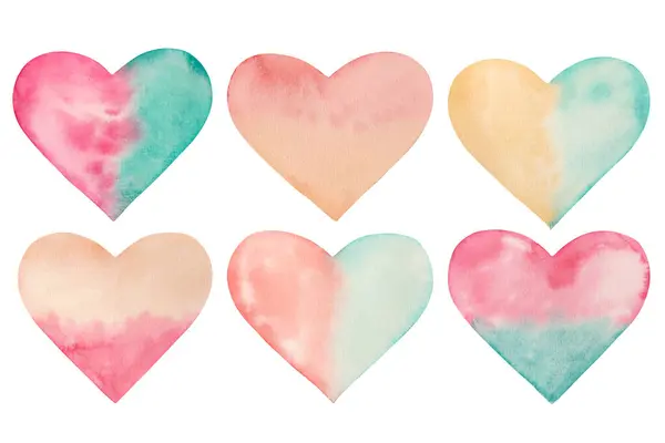 Watercolor Colored Hearts Valentine Day Love Hand Painted Paper Texture — Stock Photo, Image