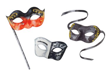 Üç siyah beyaz suluboya Venedik karnaval maskesi, bayram süsü. Tasarım, ambalaj, davetiye, kartpostallar için el yazısı, beyaz arkaplan