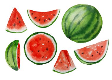 Suluboya karpuz seti, bir dilim karpuz, beyaz arka planda izole edilmiş, el boyası kağıt üzerinde, kart, davetiye, tasarım için