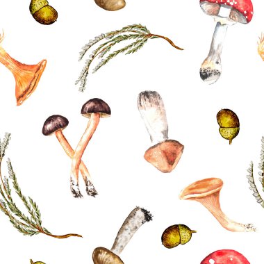 Orman mantarlarının dikişsiz suluboya deseni: ballı mantarlar, mantarlar, mantarlar, sineklik, fundalıklar, meşe palamutları, kart, davetiye, tasarım, arka plan
