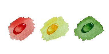 Çiy damlaları: kırmızı sarı yeşil, suluboya çizimler, beyaz arka planda izole edilmiş, tasarım için