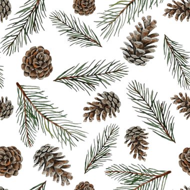 Çam kozalakları ve kozalakların suluboya Noel deseni, beyaz arkaplan, tasarım afişleri için poster davetiyesi arka planı