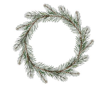 Çam ağacından yapılmış çelenk, Noel süslemesi, suluboya illüstrasyon, beyaz arkaplan, tasarım pankartları davetiyesi