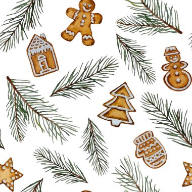 Zencefilli ekmek ve çam dallarının dikişsiz suluboya deseni. Beyaz arka plan. Kart tasarım geçmişiniz için