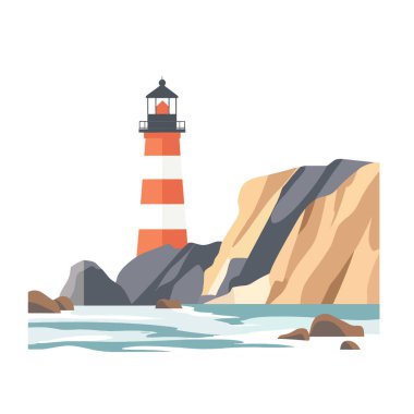  Minimum düz A sahili manzaralı, kayalık bir uçurumda duran bir deniz feneri. düz vektör