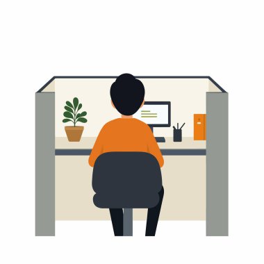  Masasında küçük bir bitki olan bir insanın kabinde oturmasının basit bir vektörü..