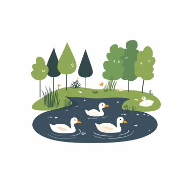  Yüzen ördek ailesi olan sakin bir gölet. düz vektör