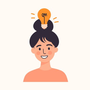  Kafasının üstünde ampulle gülümseyen yassı kadın.