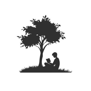  bir ağaç vektörünün altında kitap okuyan düz kişi