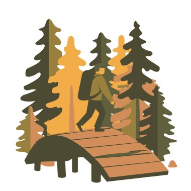  Yürüyüşçülerin minimalist vektörü ormandaki ahşap köprüden geçiyor.