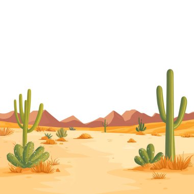 Kaktüsleri ve uzak dağları olan en küçük düz çöl manzarası. düz vektör