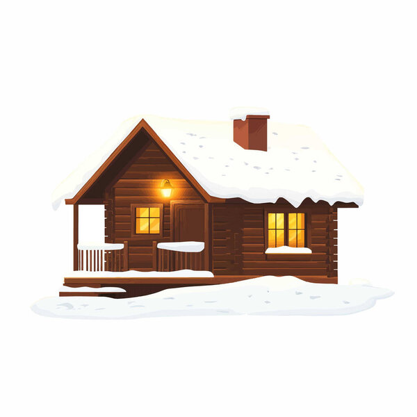  minimal flat A cozy winter cabin with a snow-covered porch and warm light. flat vector