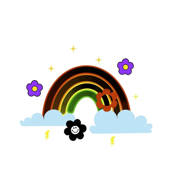 rainbow with clouds and rainbow. cartoon illustration of a rainbow with clouds.