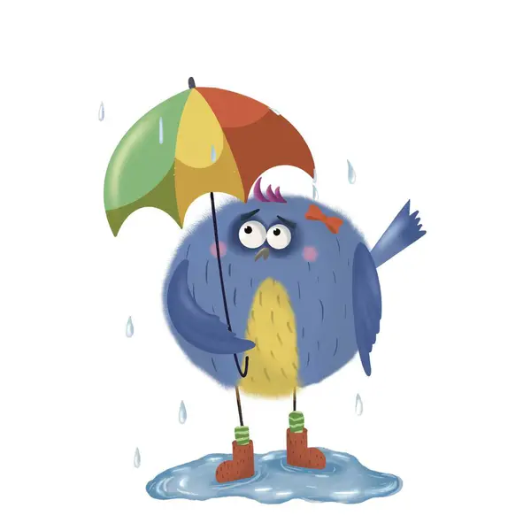 cute cartoon character in blue raindrop holding a bird in his mouth and waving in his rain. funny cartoon character. vector illustration on a white