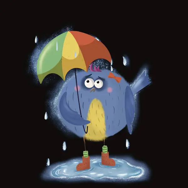funny blue bird with big eyes and umbrella. cartoon illustration isolated on black, hero, character