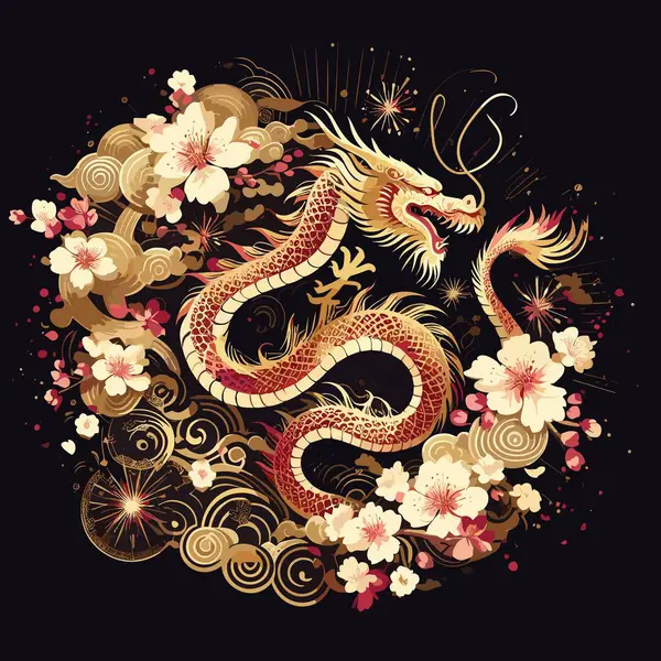 Ilustracja Wektora Smokiem Kwiatami Chiński Zodiak Rok 2024 — Wektor stockowy