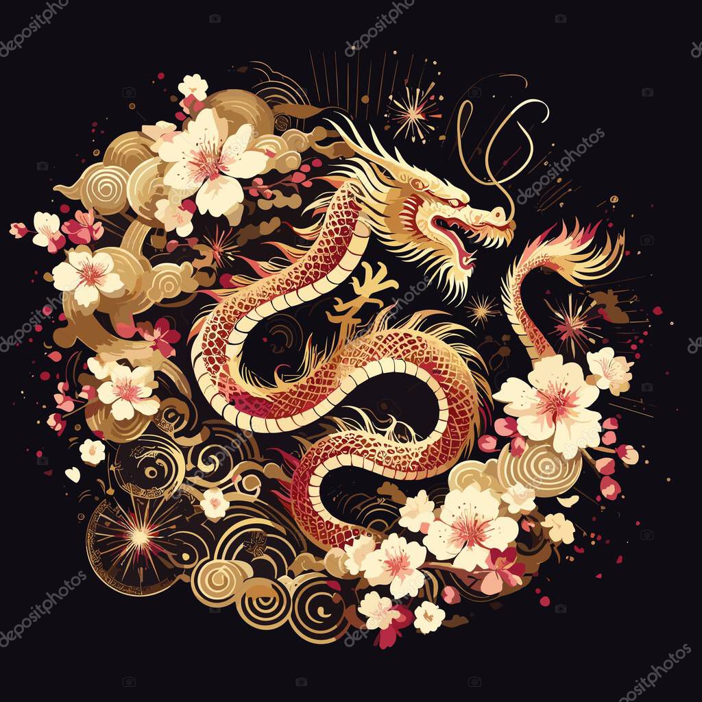 Vector illustration with dragon and flowers , chinese zodiac , year 2024.