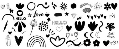 vector collection of hand - drawn elements. Set of cute pen line doodle element vector. Hand drawn doodle style collection of heart, arrows, scribble, star, flowers,love,hello, rain, heart, sun, lightning, clouds ,lines, Design for print