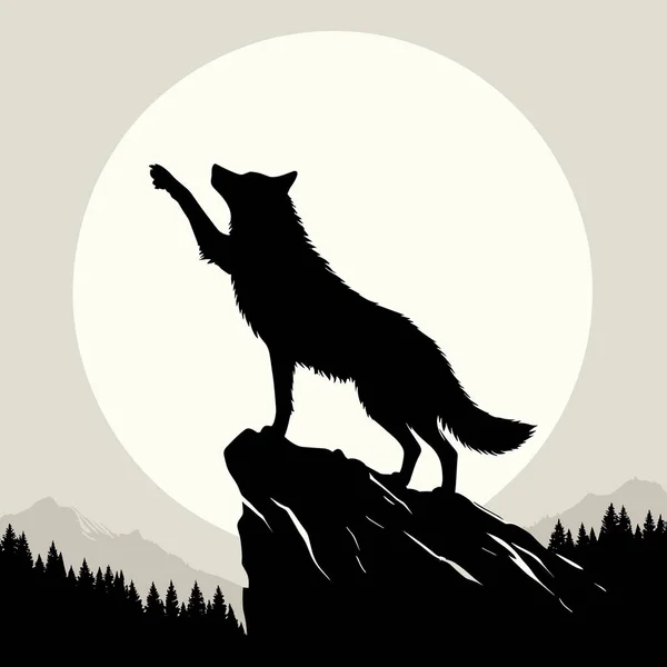 stock vector wolf on the background of the forest. wolf howling at the night, vector illustration.Moonlight, black silhouette