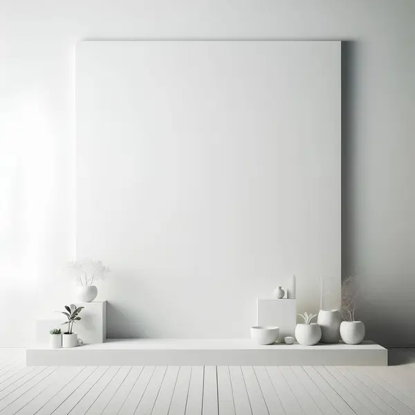 empty white room, white wall in a room with minimalist decor, white vases and plants, decorating