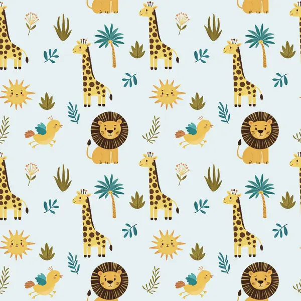 seamless pencil pattern with flowers and birds, giraffe, lion . Children pattern illustration. children\'s pencil drawing.