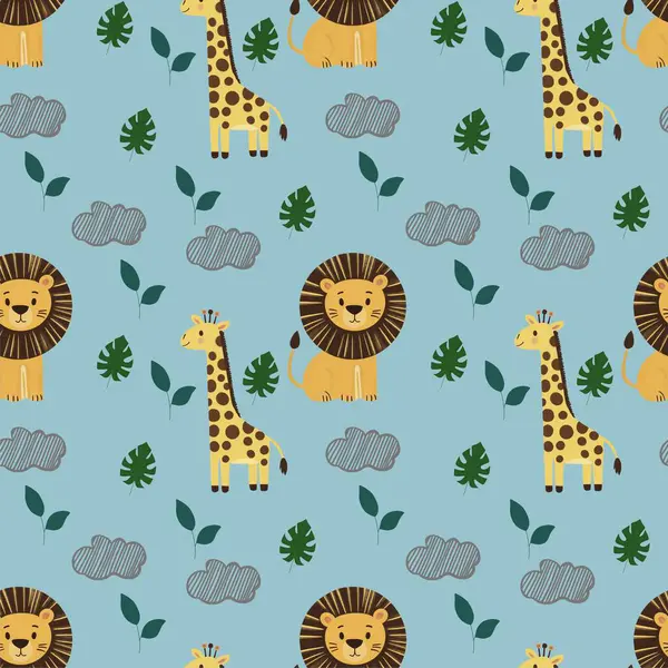 seamless pencil pattern with flowers and birds, giraffe, lion . Children pattern illustration. children's pencil drawing.