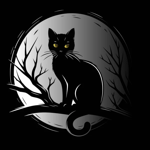 月の背景に対して黄色い目を持つ黒い猫のシルエット 黒い背景のハロウィン猫 枝に座っている猫 黒い猫のベクターのイラスト — ストックベクタ