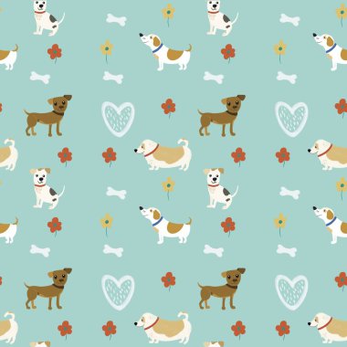   Köpekler kalem ve çiçekler yeşil desen, çocuk kalemleri hayvan desenleri, çocuklar için tekstil. Çocuk köpek deseni.
