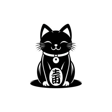 Şirin Anime kedi siyah silueti. Karakter kedisi komikliği. Mutlu kara kedi. Anime kedi silueti, Japon geleneksel, maneki neko. 