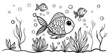 Suda balık var. Çocuk boyama kitabı siyah beyaz, balıklar yüzer ve yosun.