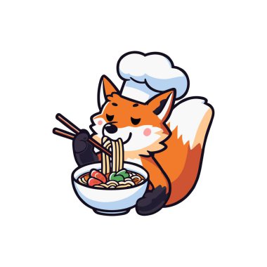 fox eats ramen soup vector illustration, hungry fox. Foxy sticker