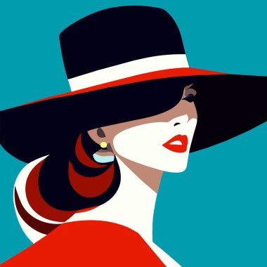 Pop sanat tarzında bir kız. Retro renk tarzı. komik, büyüleyici, muhteşem soyut renkli bayan. Vay canına, pop sanatçısı kadın, şapkalı kız, renkli baskı retro tarzı. Zarif bayan.