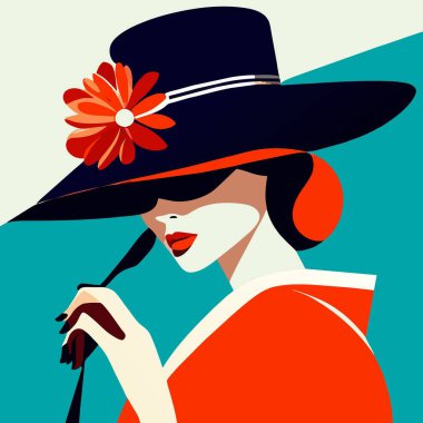 Pop sanat tarzında bir kız. Retro renk tarzı. komik, büyüleyici, muhteşem soyut renkli bayan. Vay canına, pop sanatçısı kadın, şapkalı kız, renkli baskı retro tarzı. Zarif bayan, şapkadaki çiçek