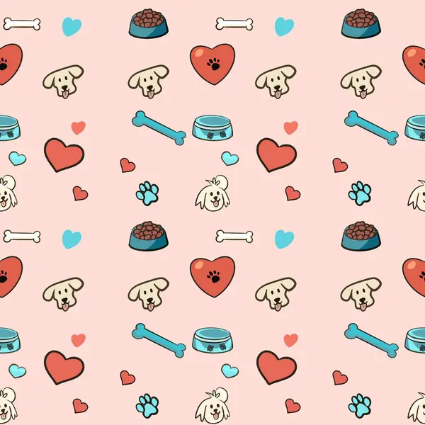 seamless pattern illustration of dogs. Bones in pencil.   dog seamless pattern with paws, bones, hearts. puppy paws. poster, print, post card, table cloth, cloth, shirt, curtain, flannel, foot towel. illustration cartoon kawaii cute style